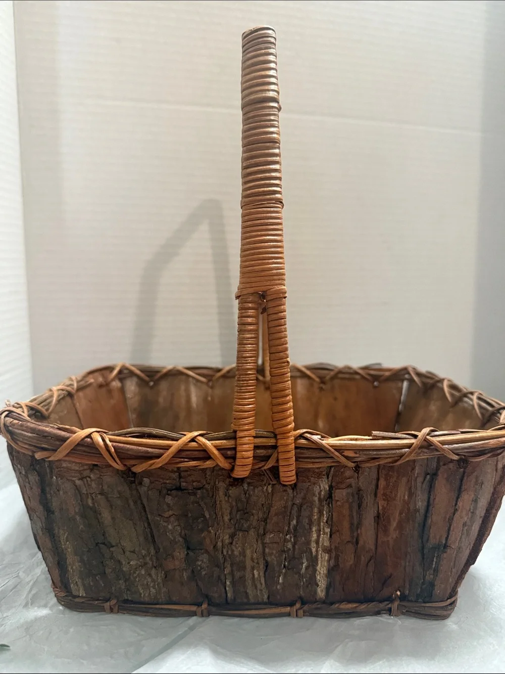Rustic Brown Woven Bark Basket with Handle - Home Accents